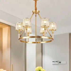Modern Crystal Chandelier Light with 6 Heads and Brass Cylinder for Dining Room Suspension