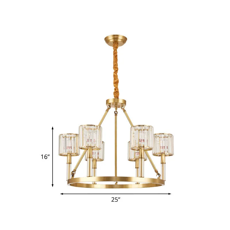 Modern Crystal Chandelier Light with 6 Heads and Brass Cylinder for Dining Room Suspension