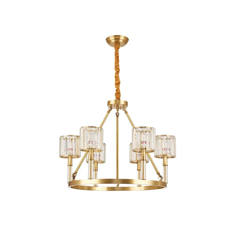 Modern Crystal Chandelier Light with 6 Heads and Brass Cylinder for Dining Room Suspension