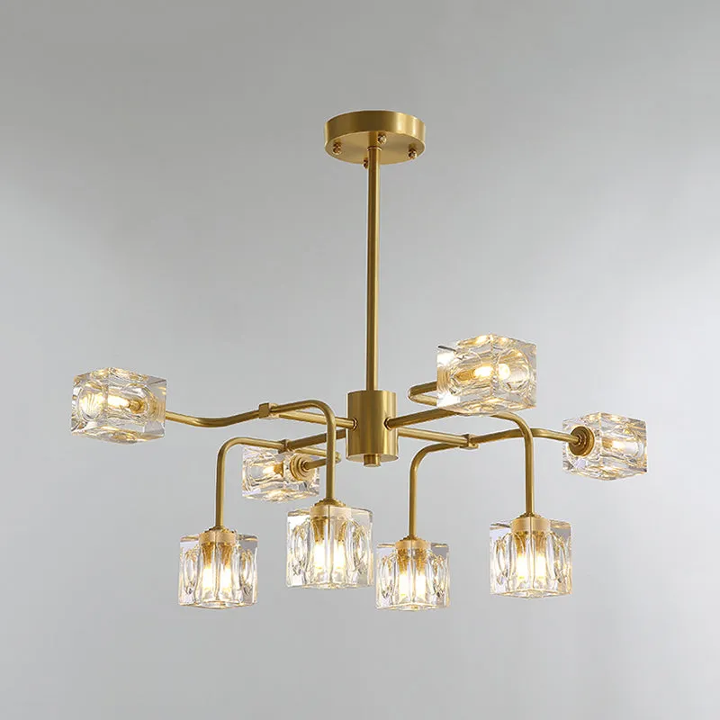 Modern Crystal Cube Gold Chandelier Lamp - 8 Bulb Suspension Pendant