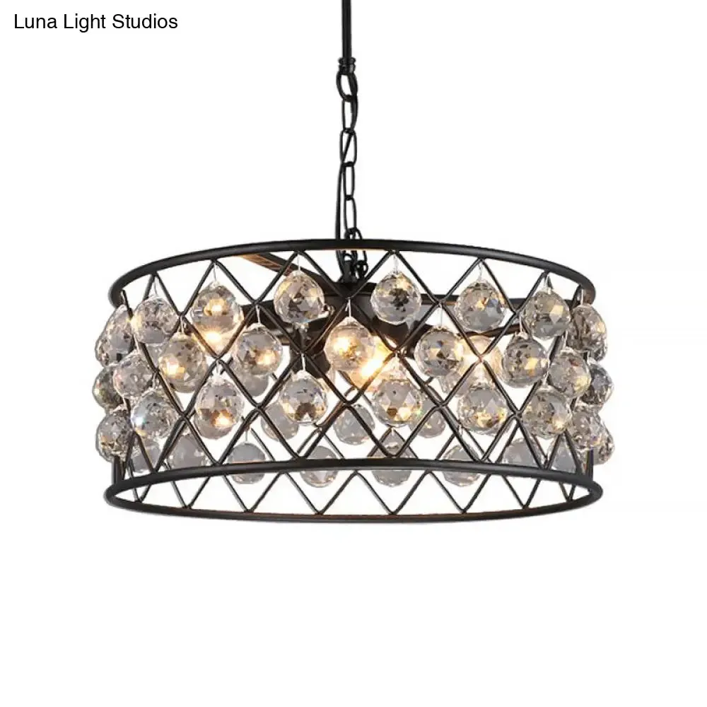 Modern Round Black Chandelier Light with Iron Frame, Metal, and Crystal - 4 Lights