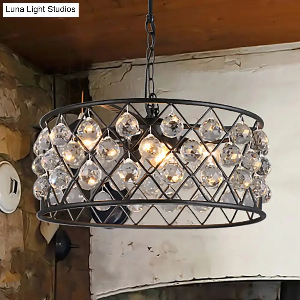 Modern Round Black Chandelier Light with Iron Frame, Metal, and Crystal - 4 Lights