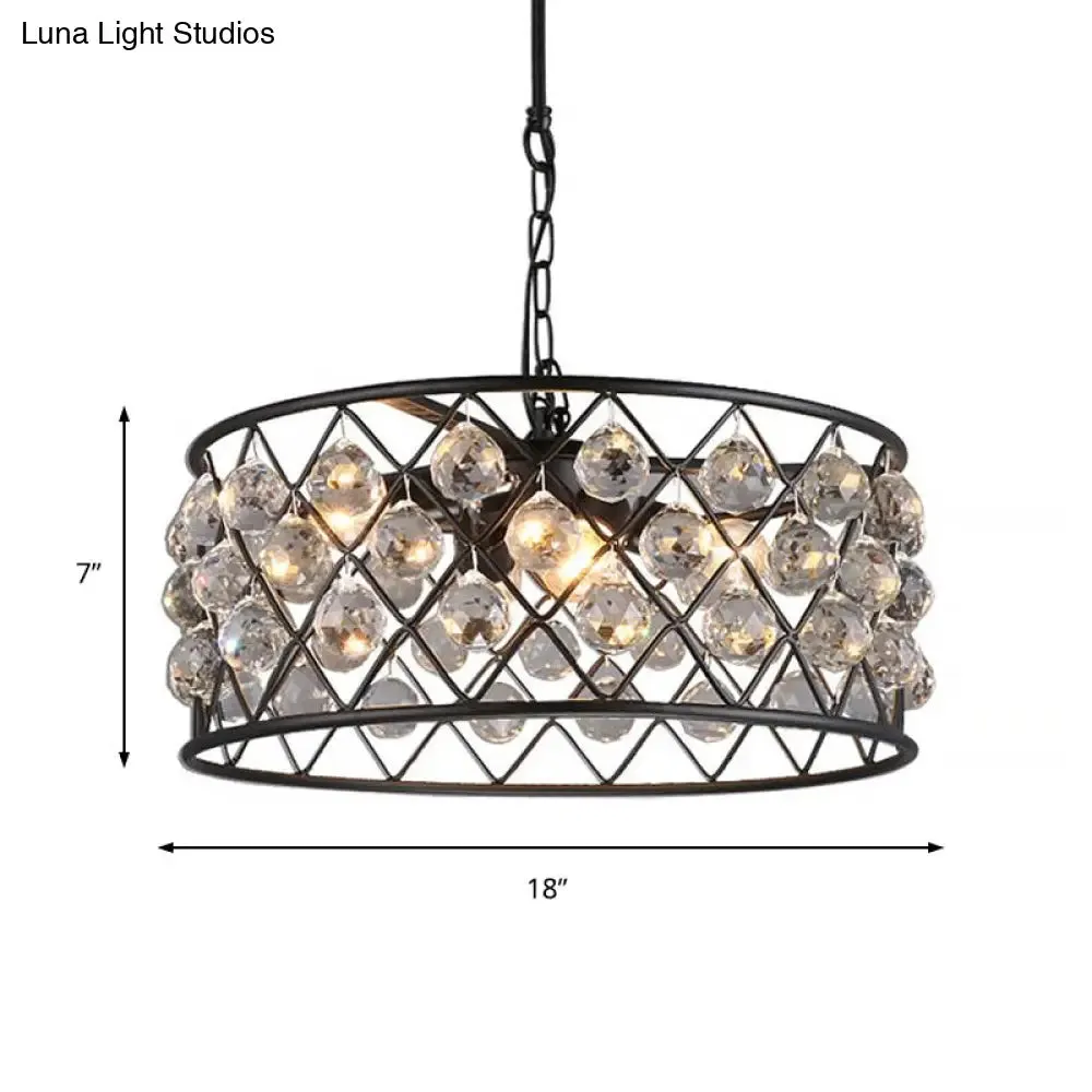 Modern Round Black Chandelier Light with Iron Frame, Metal, and Crystal - 4 Lights