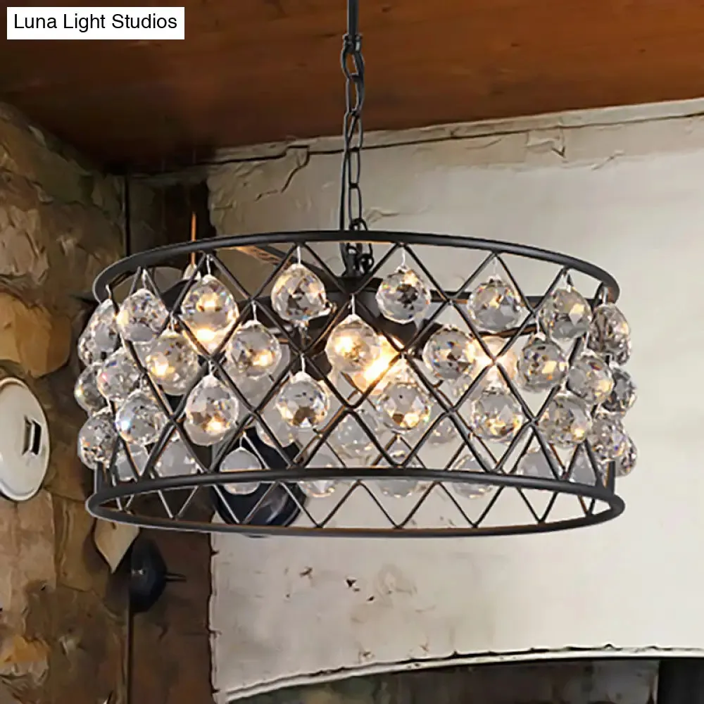 Modern Round Black Chandelier Light with Iron Frame, Metal, and Crystal - 4 Lights