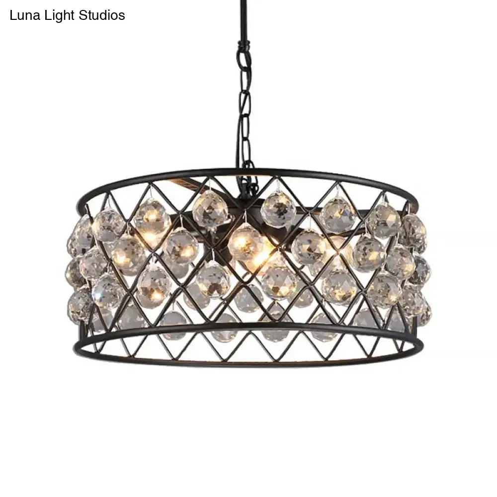 Modern Round Black Chandelier Light with Iron Frame, Metal, and Crystal - 4 Lights