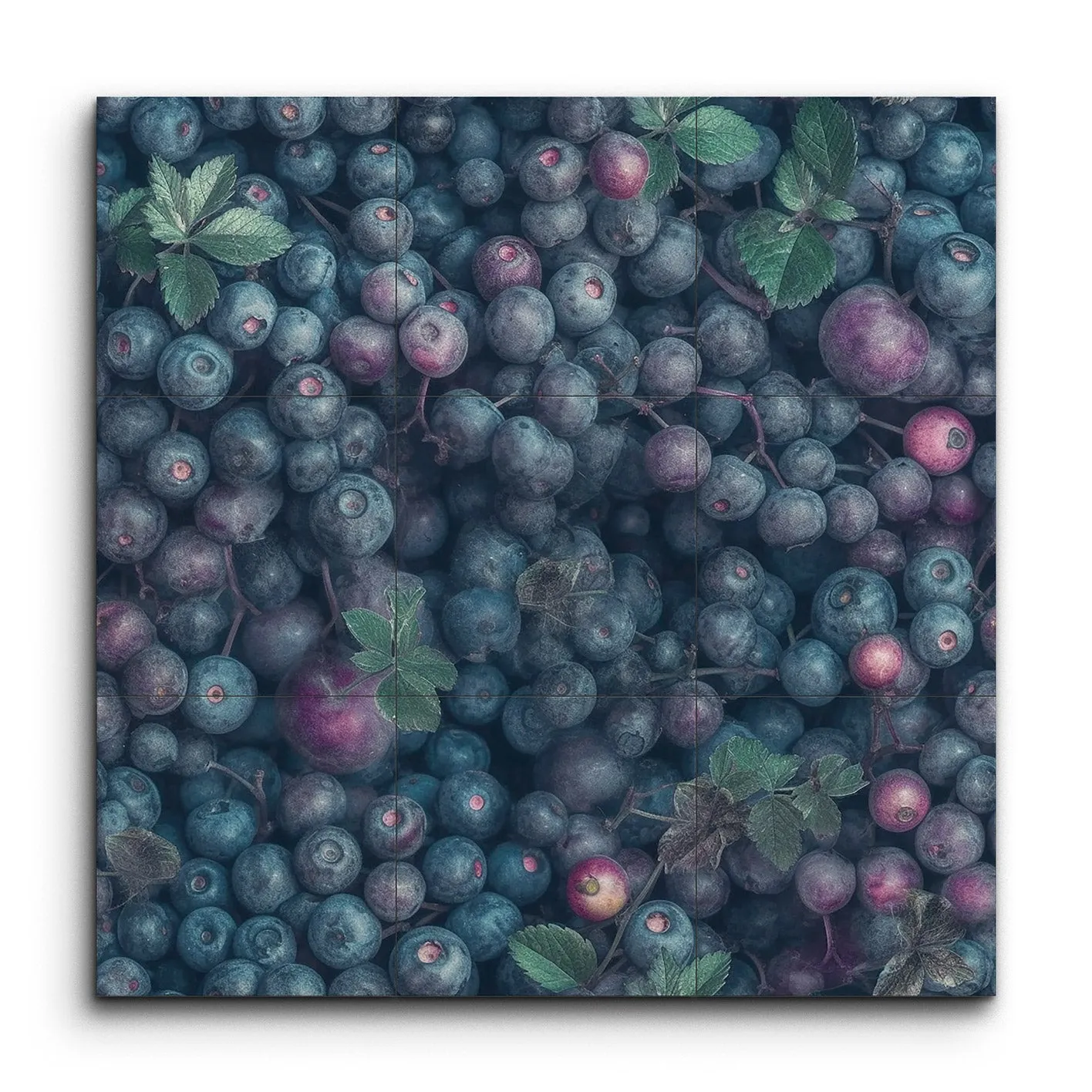 Moody Blueberry Cluster with Green Leaves Art