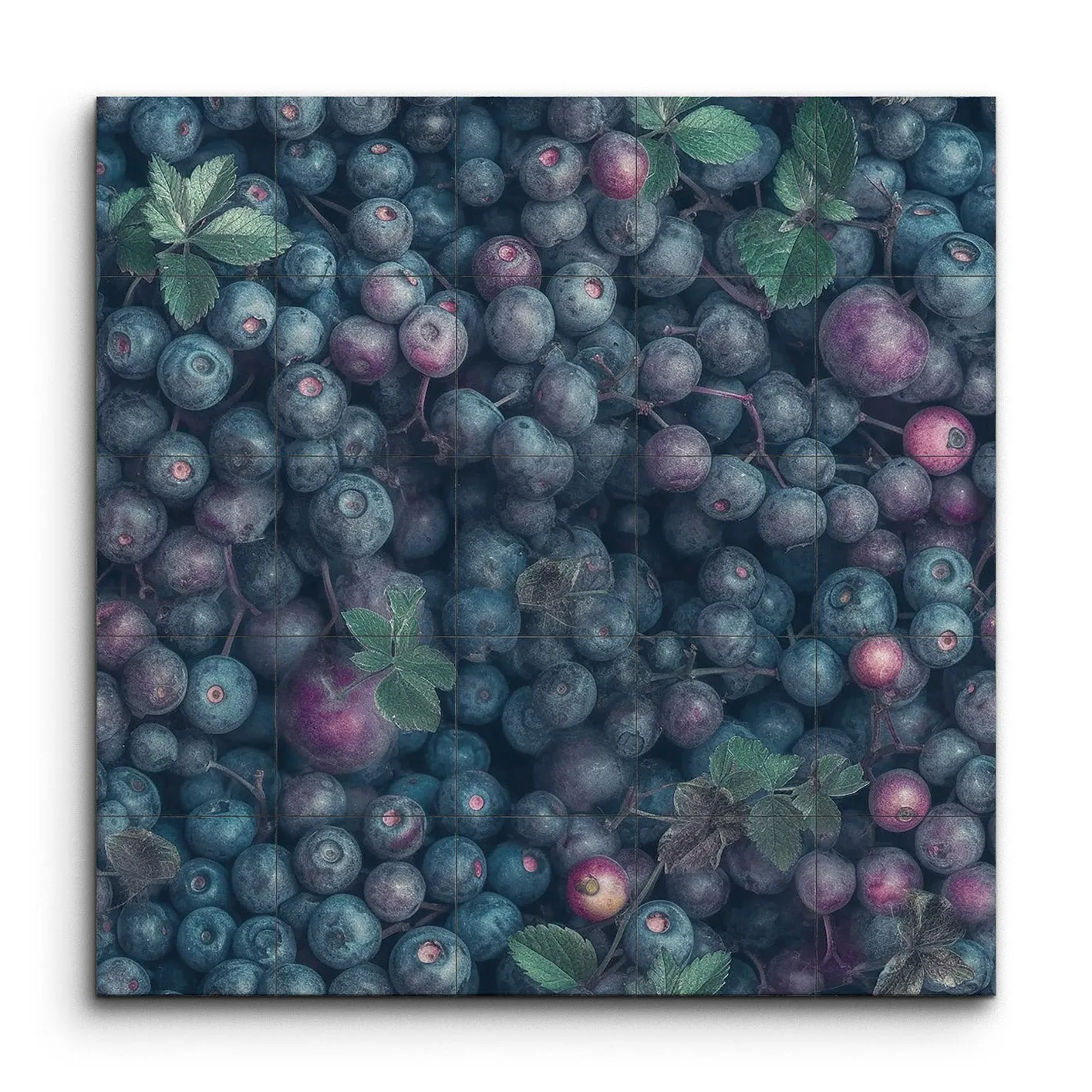Moody Blueberry Cluster with Green Leaves Art