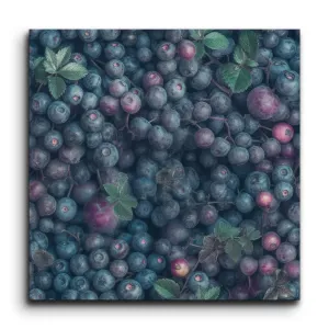 Moody Blueberry Cluster with Green Leaves Art