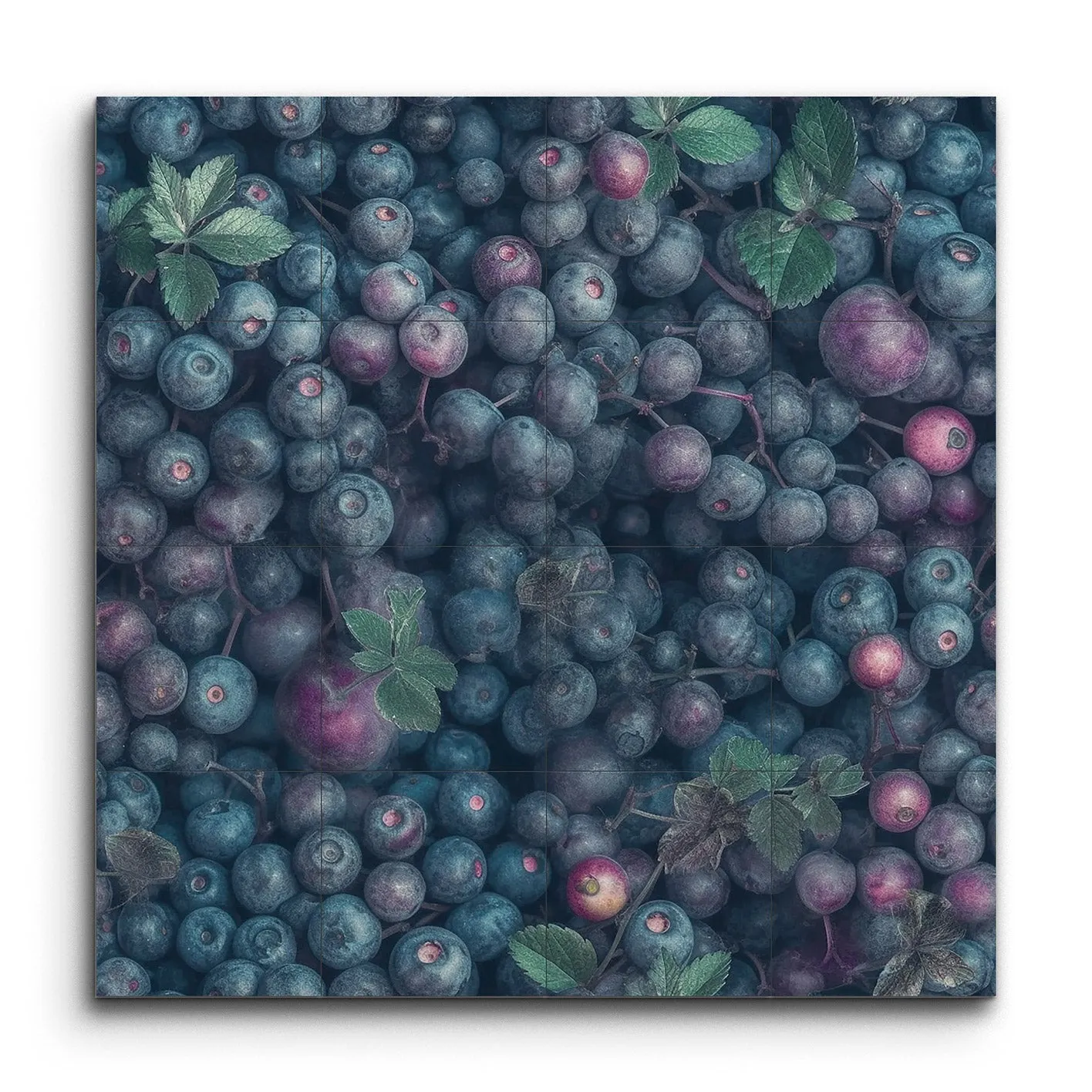 Moody Blueberry Cluster with Green Leaves Art