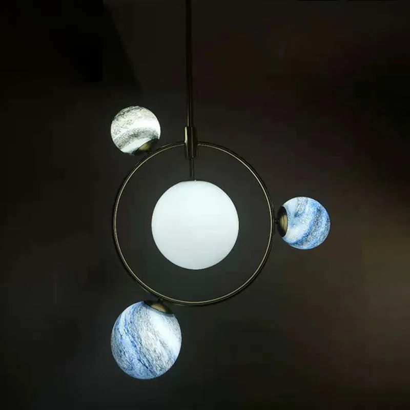Nordic Planet White-Stained Glass Chandelier: Elegant Brass Hanging Light Fixture for Restaurants