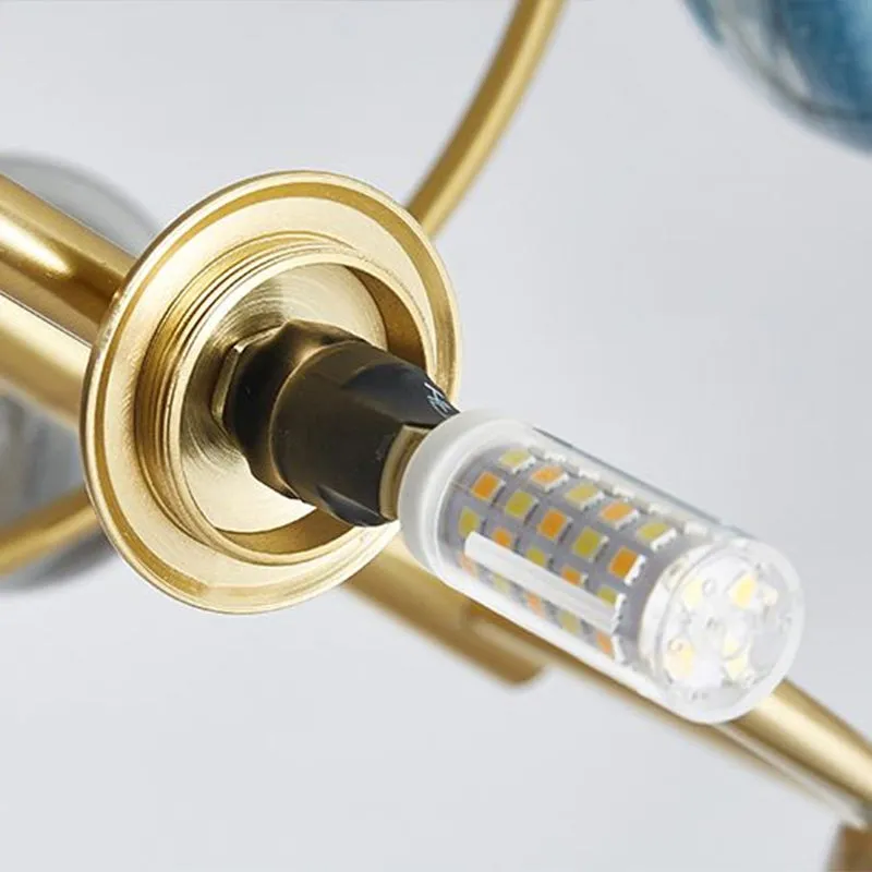 Nordic Planet White-Stained Glass Chandelier: Elegant Brass Hanging Light Fixture for Restaurants
