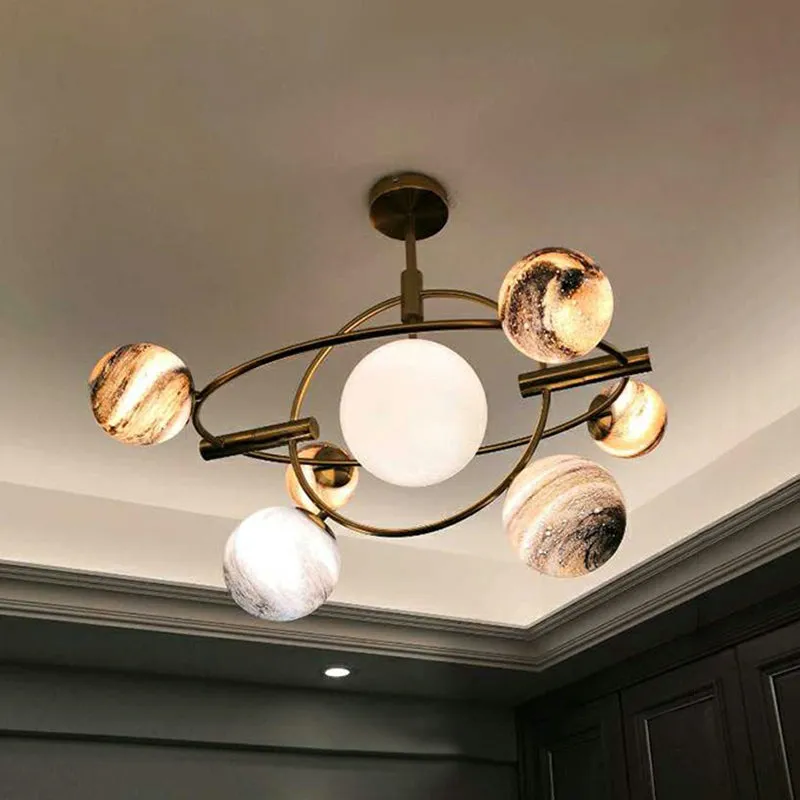 Nordic Planet White-Stained Glass Chandelier: Elegant Brass Hanging Light Fixture for Restaurants