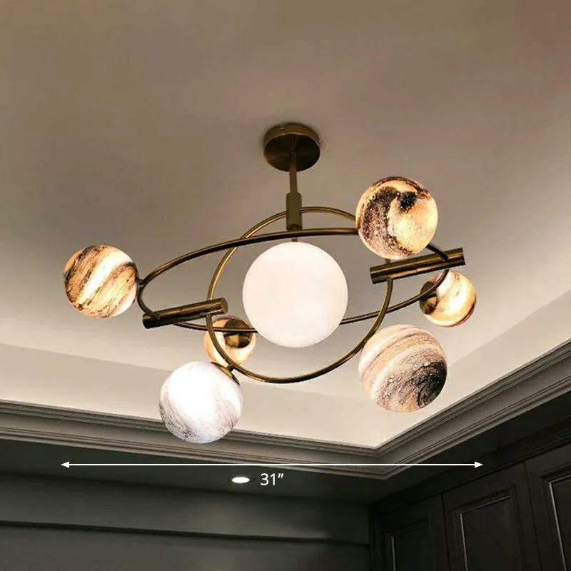 Nordic Planet White-Stained Glass Chandelier: Elegant Brass Hanging Light Fixture for Restaurants
