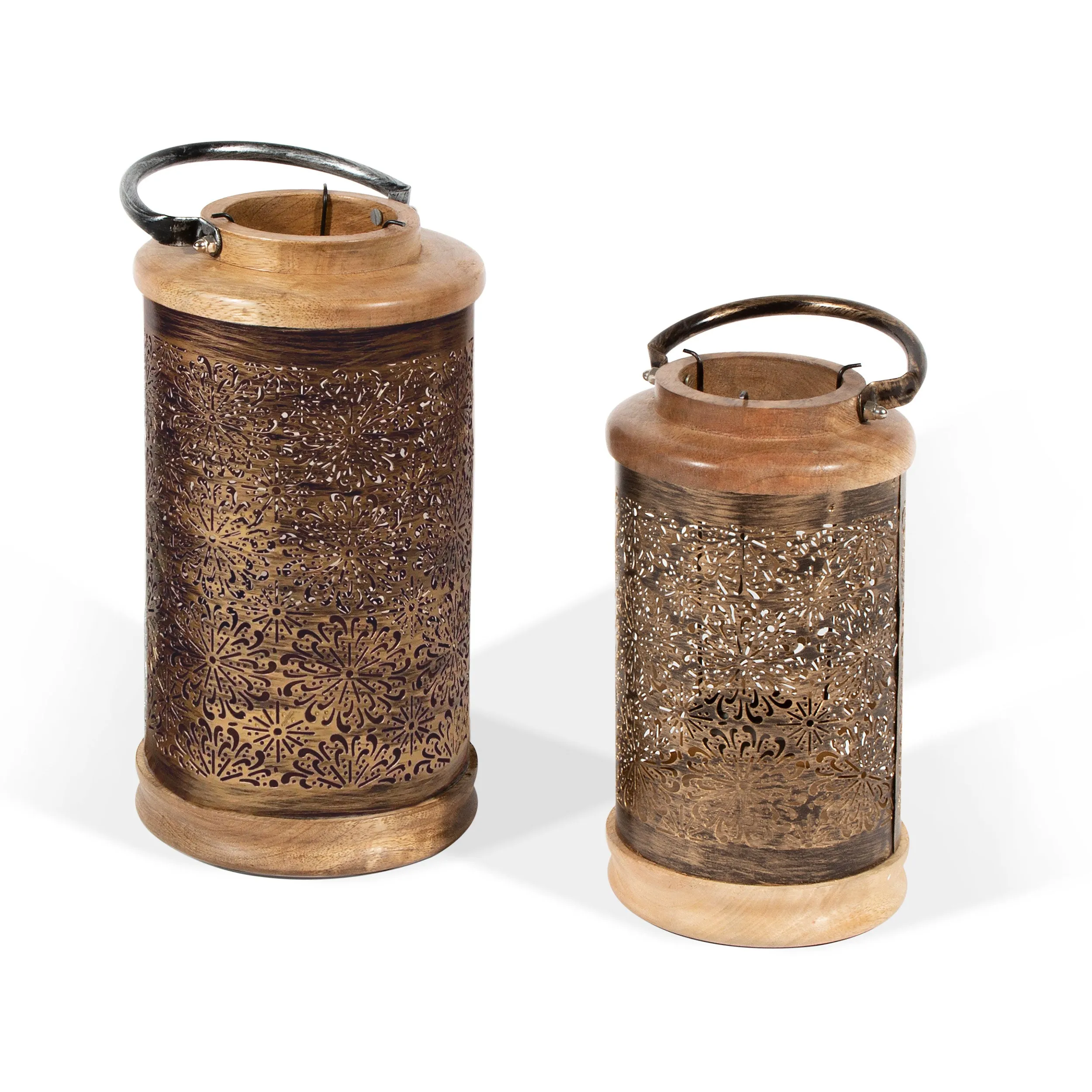 Openwork metal and wood Lanterns, Set of 2