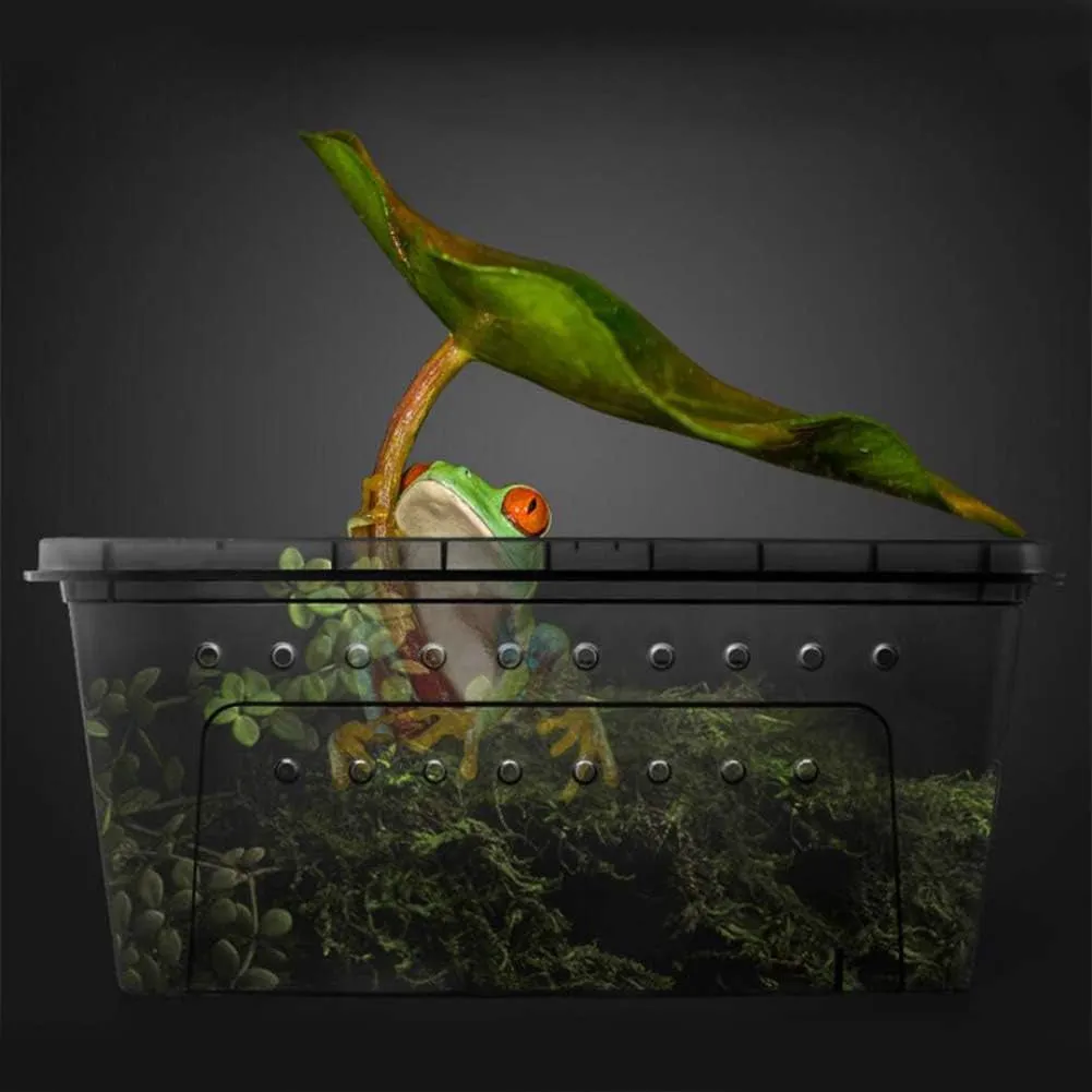 Portable Reptile Terrarium Habitat for Mini Pet Houses Breathable Holes Stackable Container (Black-M)