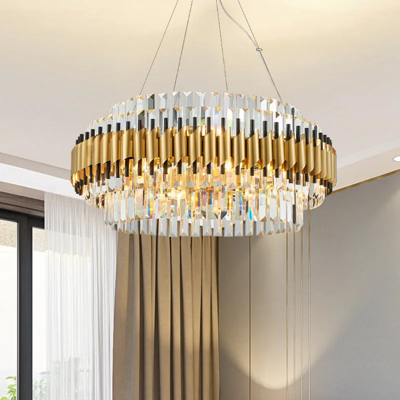 Postmodern 12-Light Gold Drum Chandelier with Crystal Rod Shade