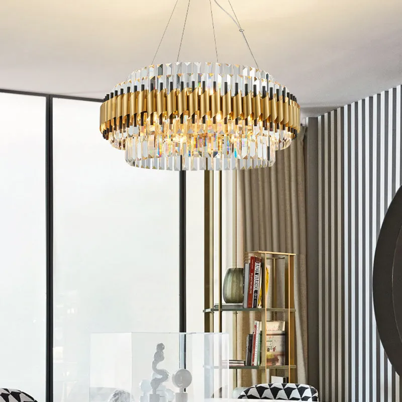 Postmodern 12-Light Gold Drum Chandelier with Crystal Rod Shade
