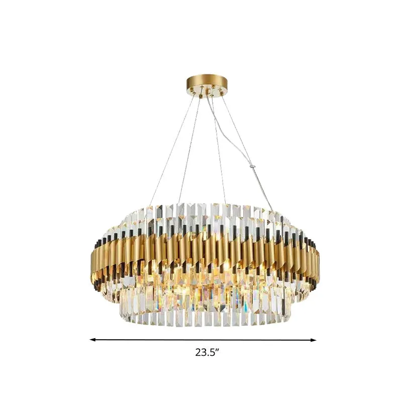 Postmodern 12-Light Gold Drum Chandelier with Crystal Rod Shade