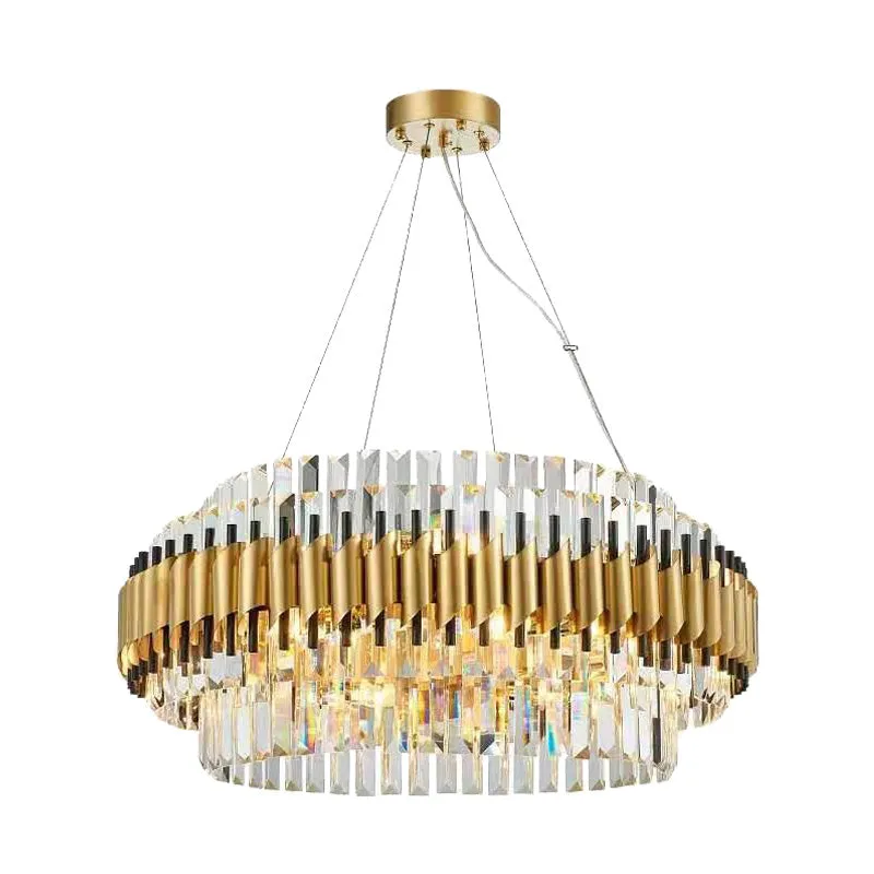 Postmodern 12-Light Gold Drum Chandelier with Crystal Rod Shade