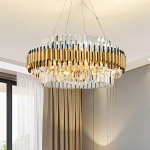 Postmodern 12-Light Gold Drum Chandelier with Crystal Rod Shade