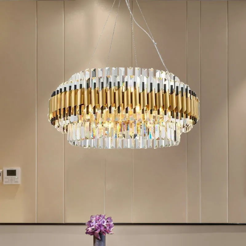 Postmodern 12-Light Gold Drum Chandelier with Crystal Rod Shade