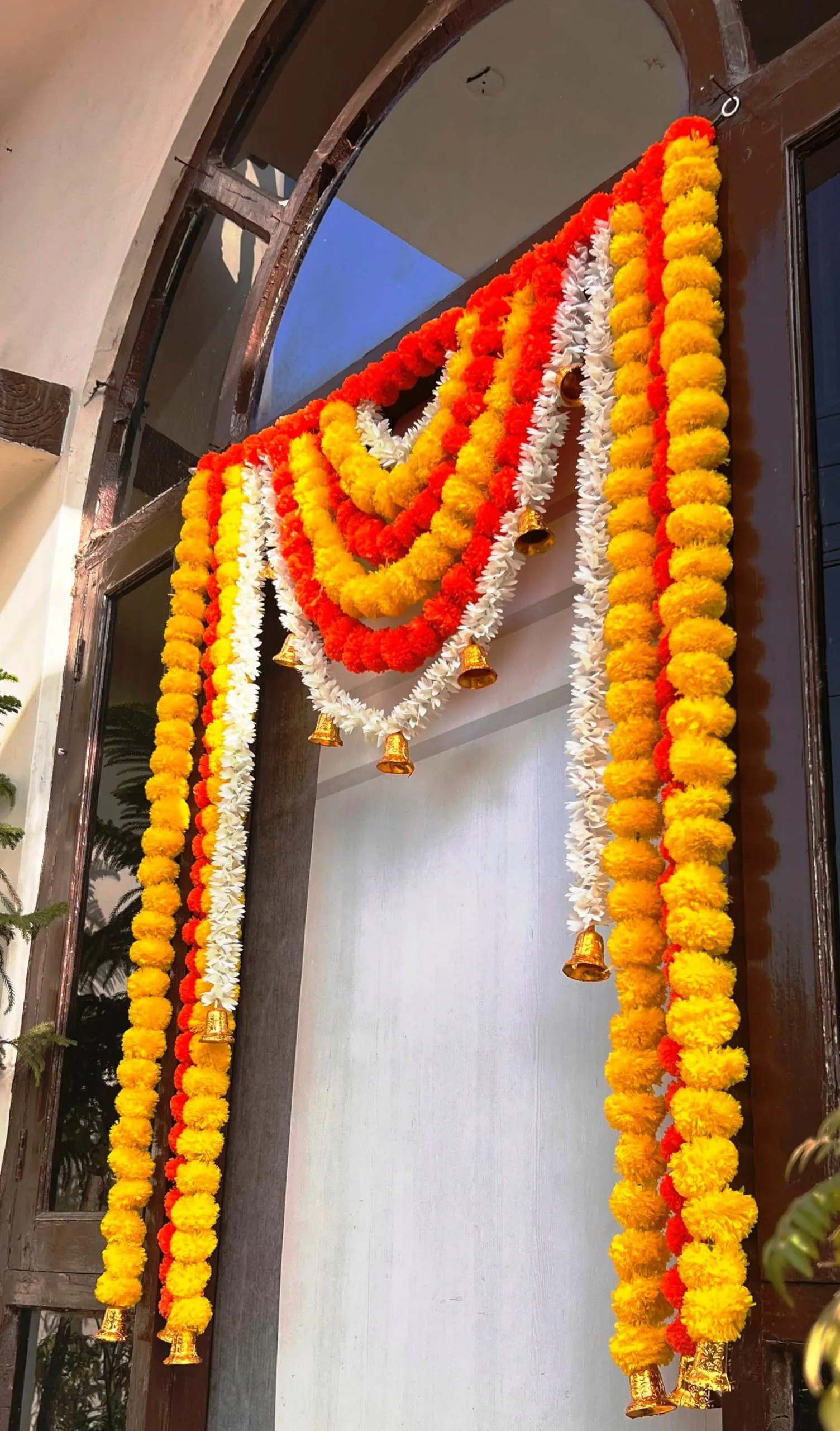 Rajasthan Kraft Artificial Fluffy Flower Marigold & Gajra with Bell Door Hanging Bandanwar Colour Yellow & Orange,Size 40X52 Inch Pack of 1 (B0036)