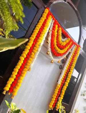Rajasthan Kraft Artificial Fluffy Flower Marigold & Gajra with Bell Door Hanging Bandanwar Colour Yellow & Orange,Size 40X52 Inch Pack of 1 (B0036)