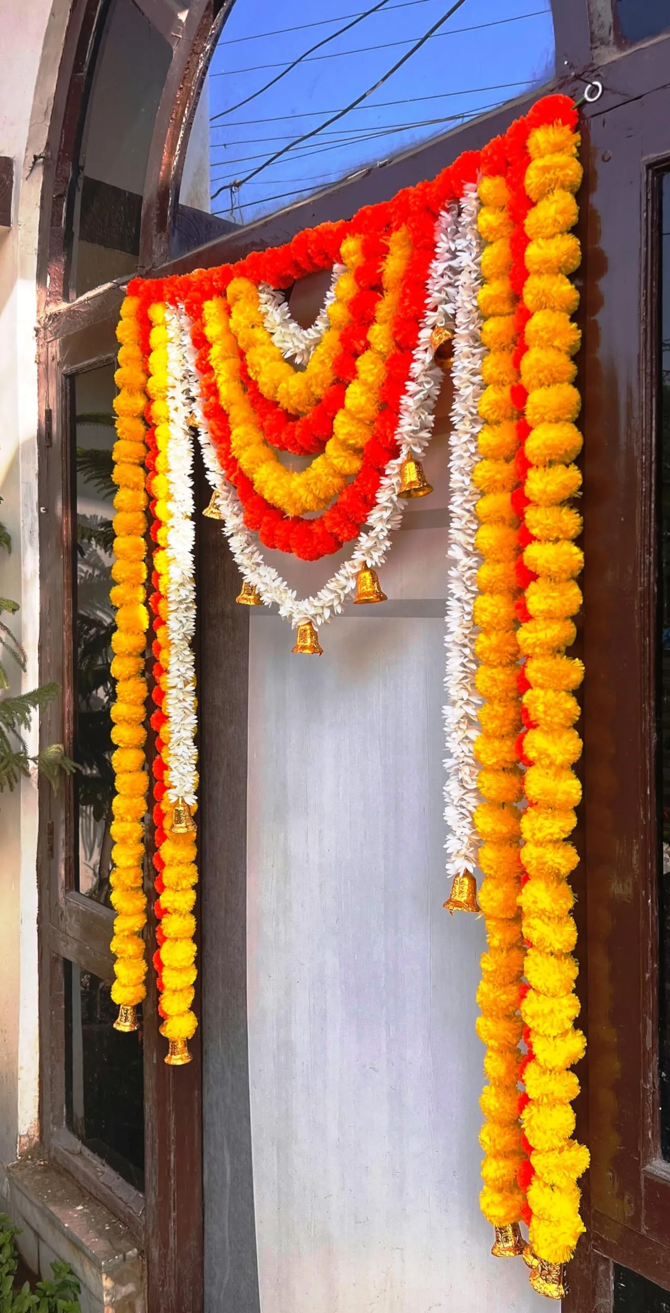 Rajasthan Kraft Artificial Fluffy Flower Marigold & Gajra with Bell Door Hanging Bandanwar Colour Yellow & Orange,Size 40X52 Inch Pack of 1 (B0036)