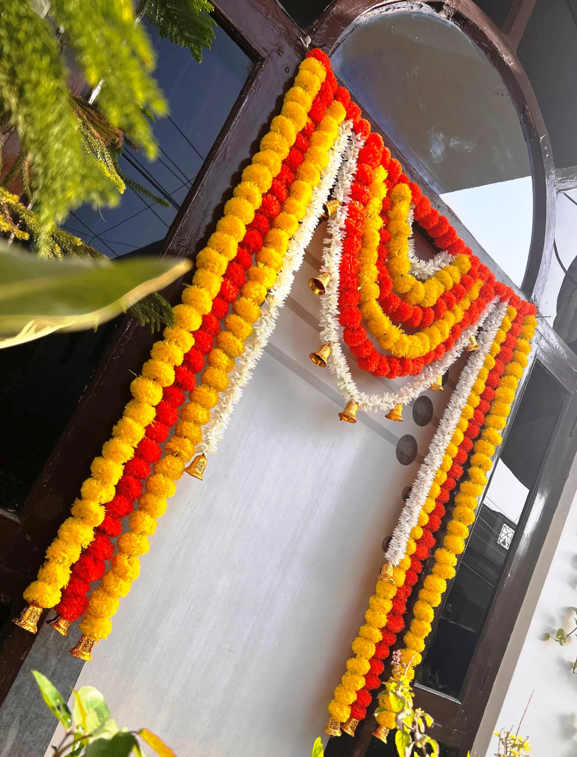 Rajasthan Kraft Artificial Fluffy Flower Marigold & Gajra with Bell Door Hanging Bandanwar Colour Yellow & Orange,Size 40X52 Inch Pack of 1 (B0036)