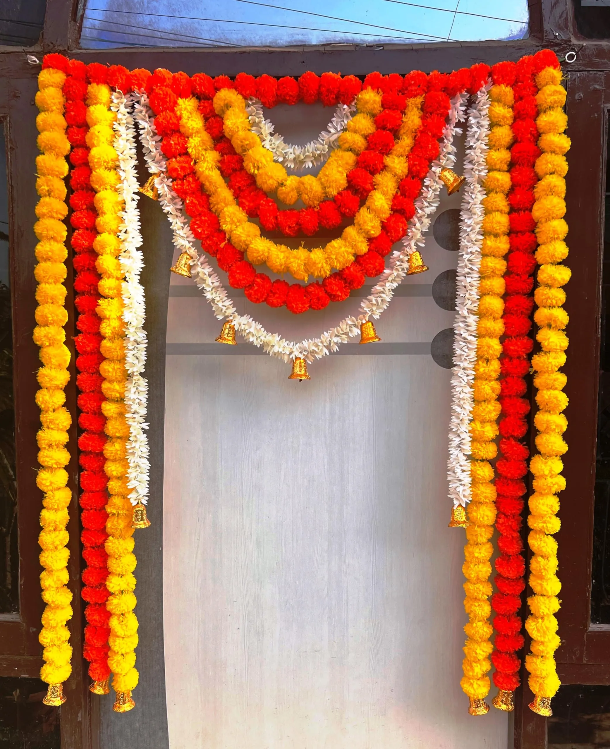 Rajasthan Kraft Artificial Fluffy Flower Marigold & Gajra with Bell Door Hanging Bandanwar Colour Yellow & Orange,Size 40X52 Inch Pack of 1 (B0036)