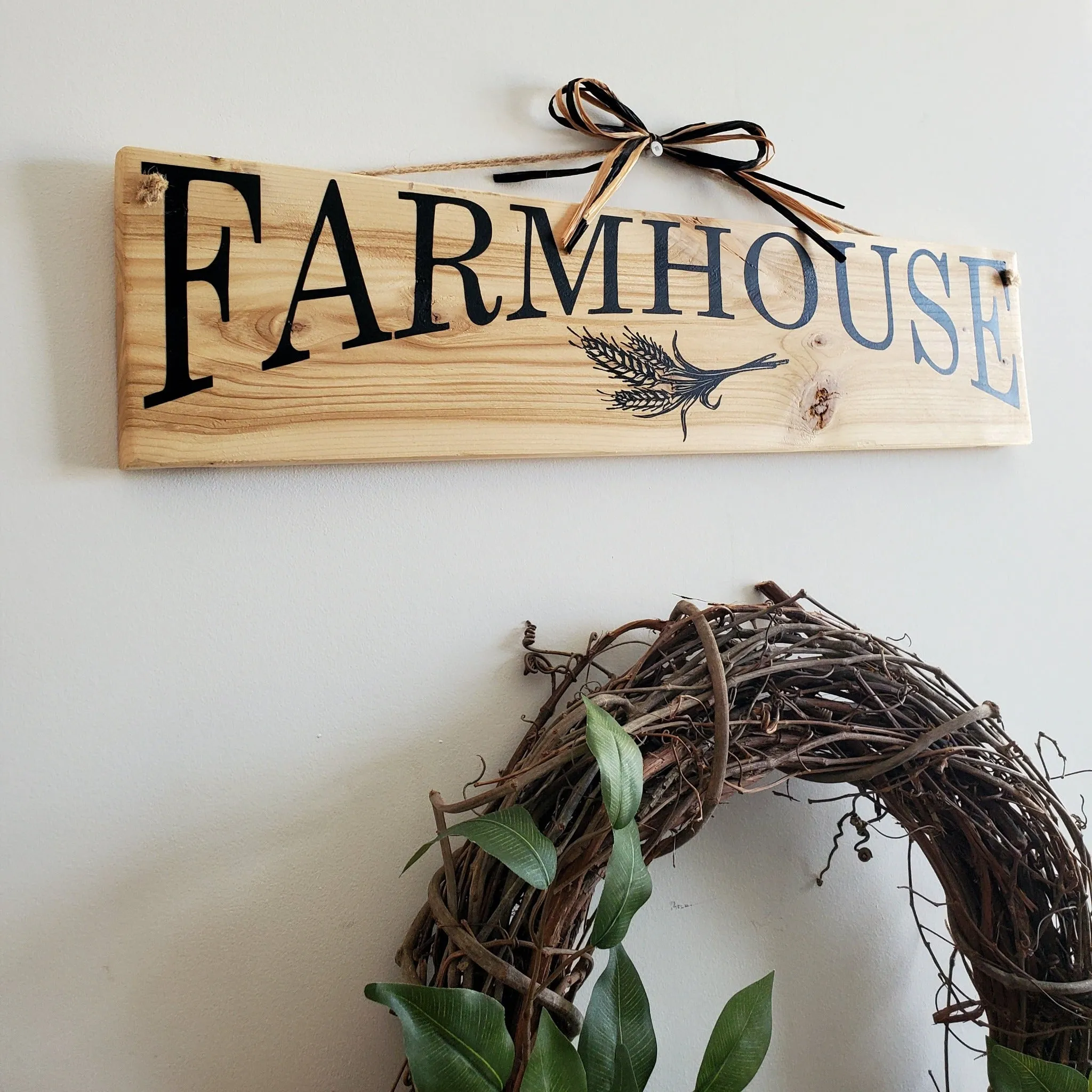 Rustic Wood Farmhouse Sign with Raffia Bow - Perfect for Home Decor and Gift Giving!