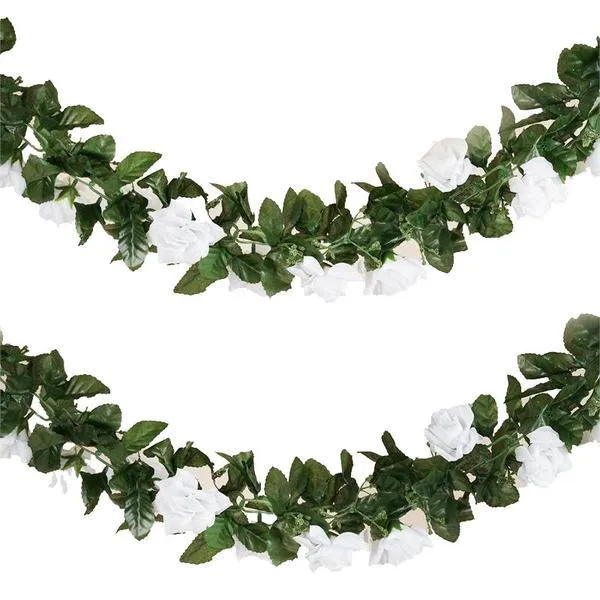 Silk Rose Garland Artificial Flowers - White - 6 ft