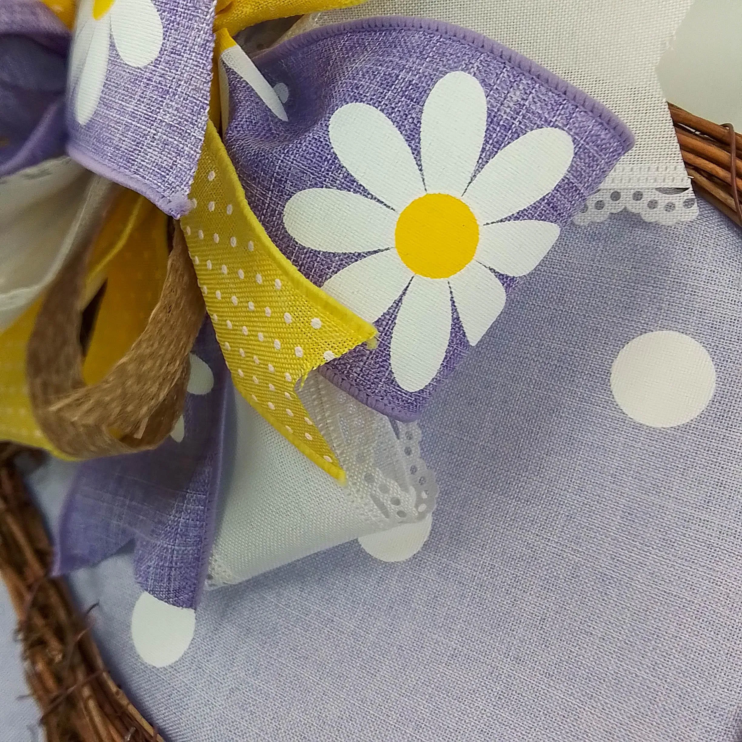 Spring Summer Purple Daisy Grapevine Wreath - Polka Dot Door Hanger Oversized Bow Jute Burlap Door Decor; Purple Lavender Yellow Burlap White
