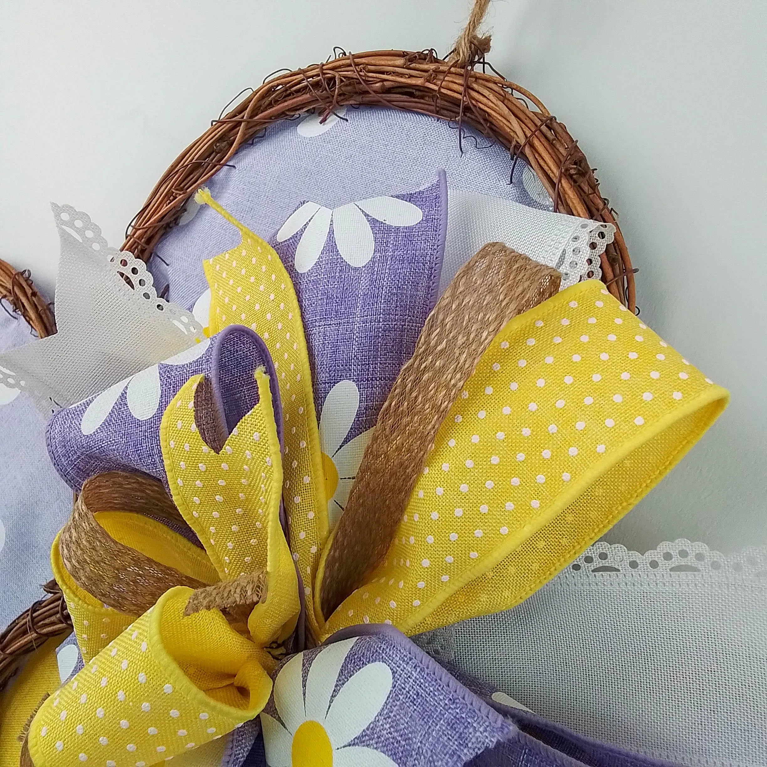 Spring Summer Purple Daisy Grapevine Wreath - Polka Dot Door Hanger Oversized Bow Jute Burlap Door Decor; Purple Lavender Yellow Burlap White