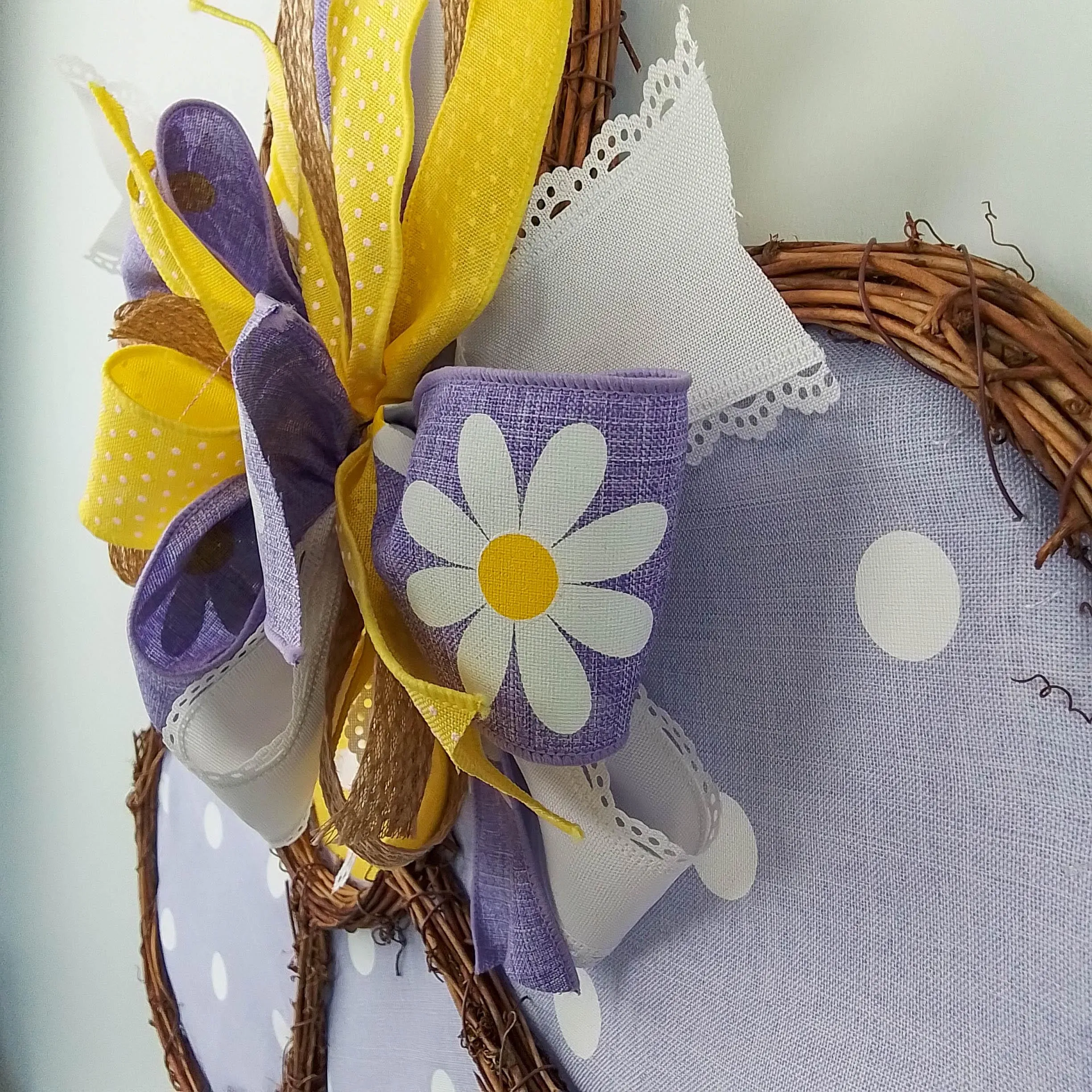 Spring Summer Purple Daisy Grapevine Wreath - Polka Dot Door Hanger Oversized Bow Jute Burlap Door Decor; Purple Lavender Yellow Burlap White