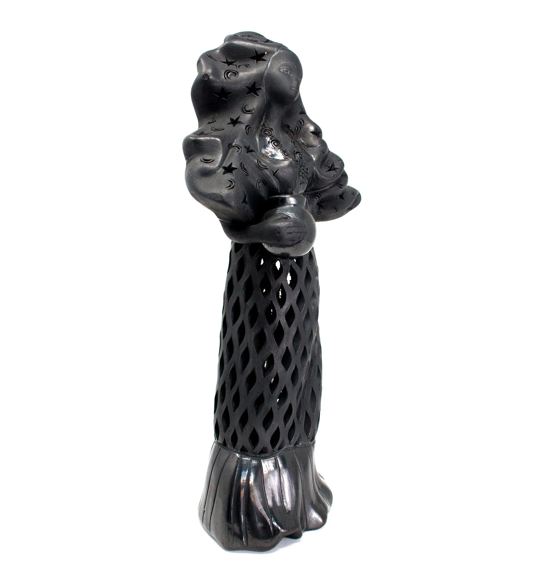 Tehuana Woman with Jug, Stars Blouse and Headdress, Oaxaca Black Clay