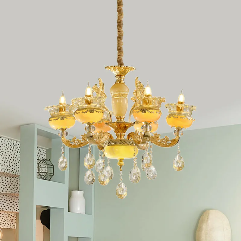 Traditional 6-Light Chandelier with Vase Mable Shade and Crystal Drape for Dining Hall Ceiling