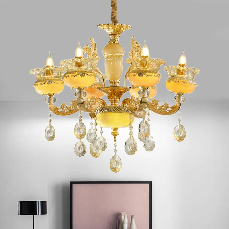 Traditional 6-Light Chandelier with Vase Mable Shade and Crystal Drape for Dining Hall Ceiling