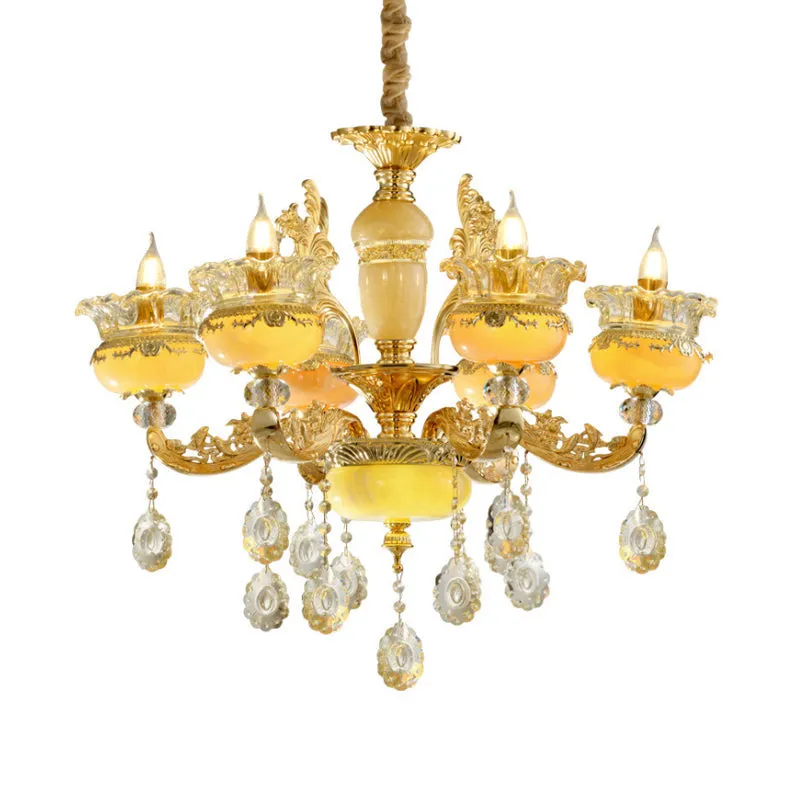 Traditional 6-Light Chandelier with Vase Mable Shade and Crystal Drape for Dining Hall Ceiling