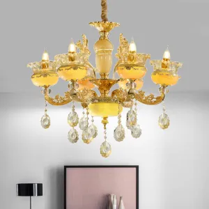 Traditional 6-Light Chandelier with Vase Mable Shade and Crystal Drape for Dining Hall Ceiling
