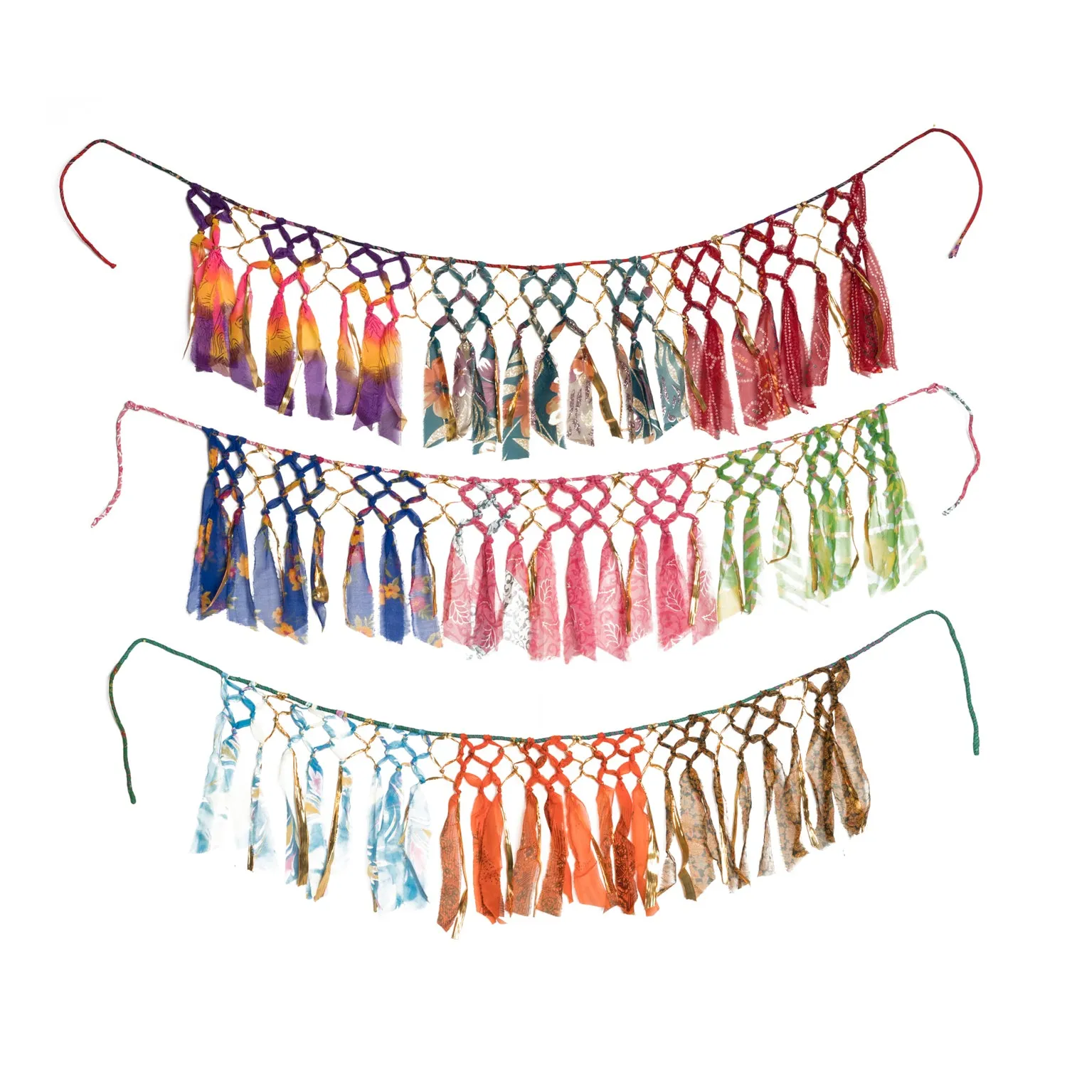Upcycled Sari and Gold Ribbon Macrame 80-inch Garland