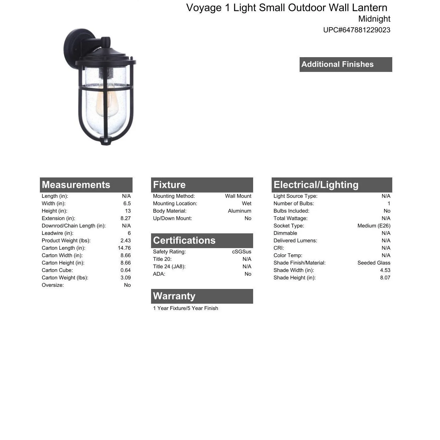 Voyage 1 Light Small Outdoor Wall Lantern in Midnight