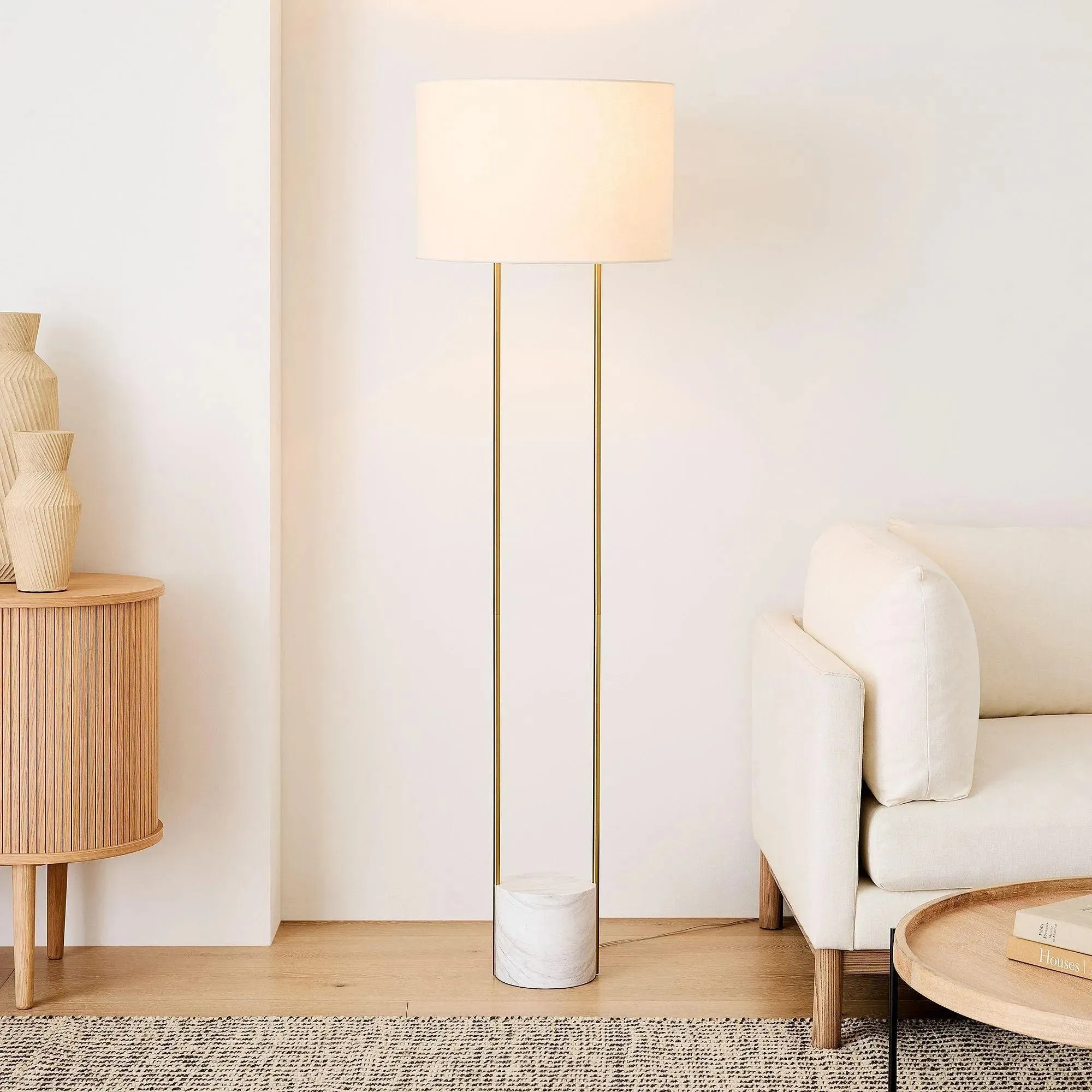 Wooden Twist Modern Standing Floor Lamp with Outline Design and Metal & Marble Base