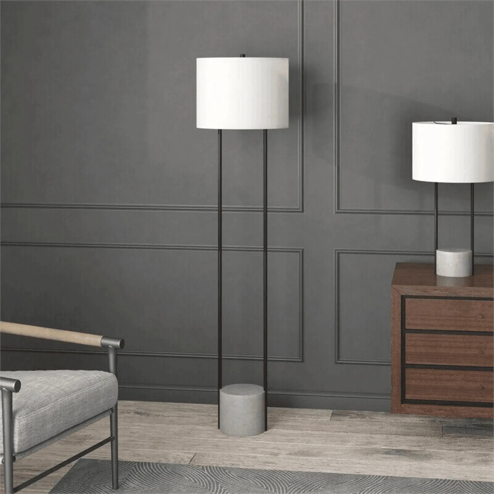 Wooden Twist Modern Standing Floor Lamp with Outline Design and Metal & Marble Base